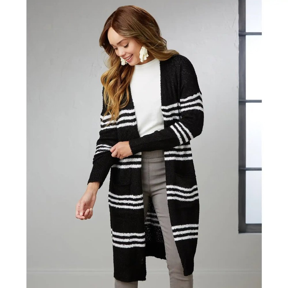 Mud Pie Wrenn Striped Boucle Cardigan in Black / NWT / Size M/L
